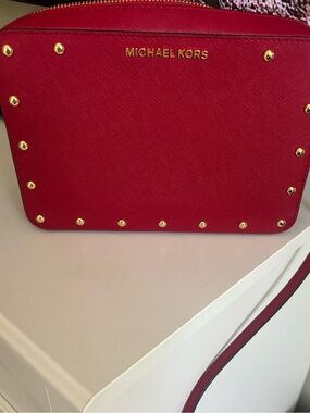 MICHAEL KORS Red Saffiano Crossbody with Gold Studs
